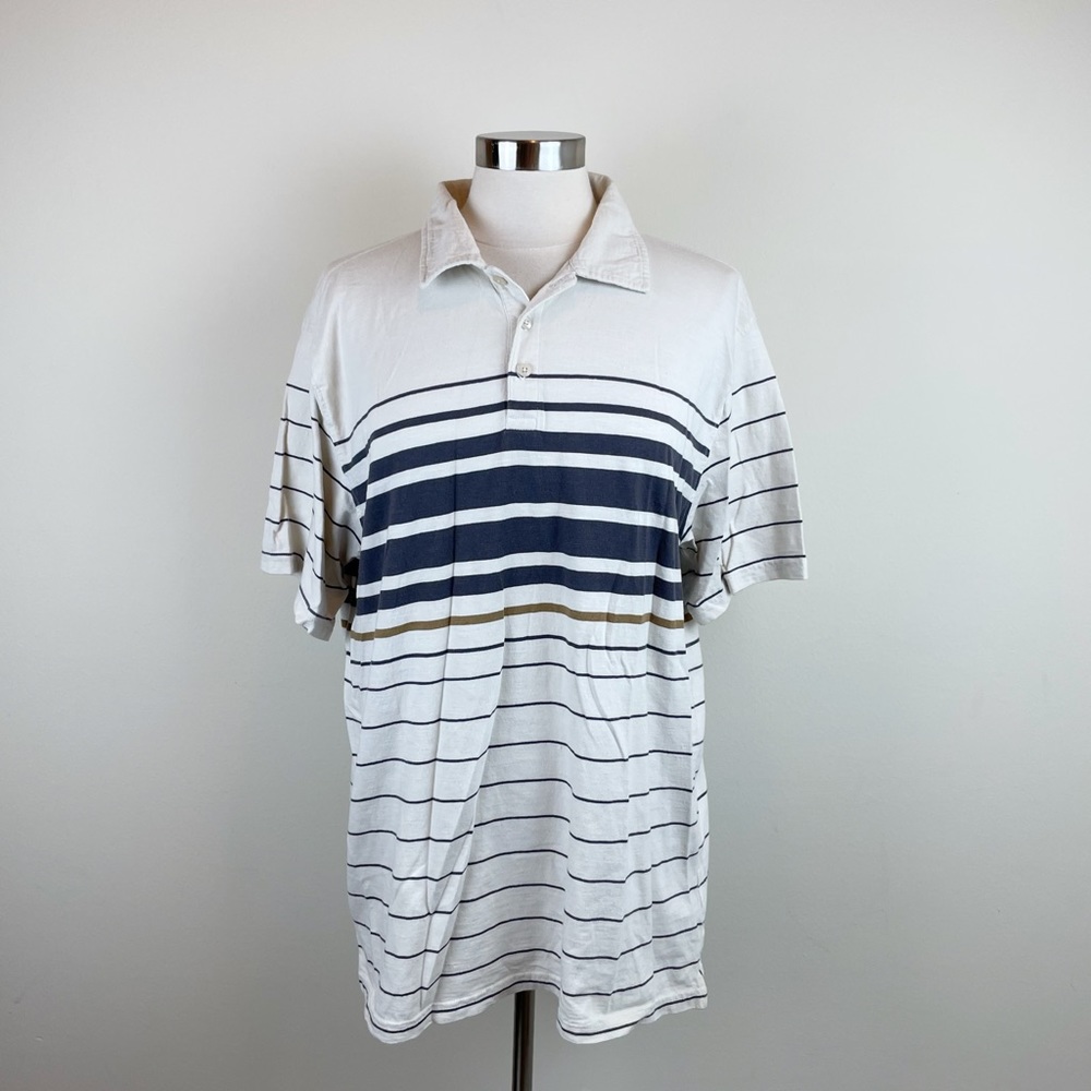 Horny Toad Cream White Black Stripe Polo Short Sleeve Casual Shirt Men Large
